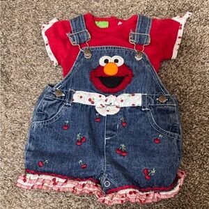Y2K 2007 Sesame Street Elmo Denim Overalls with Red Top